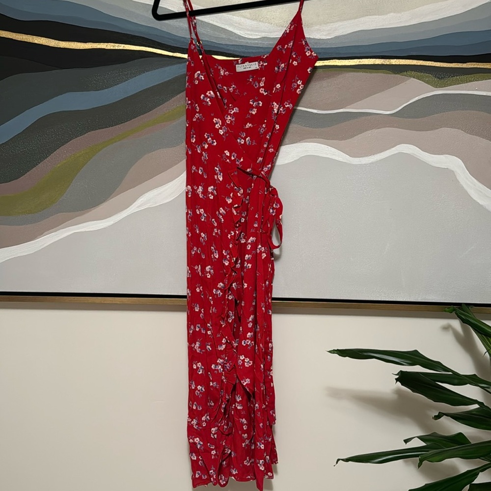 FlynnSkye red pattered wrap dress with ruffle detail